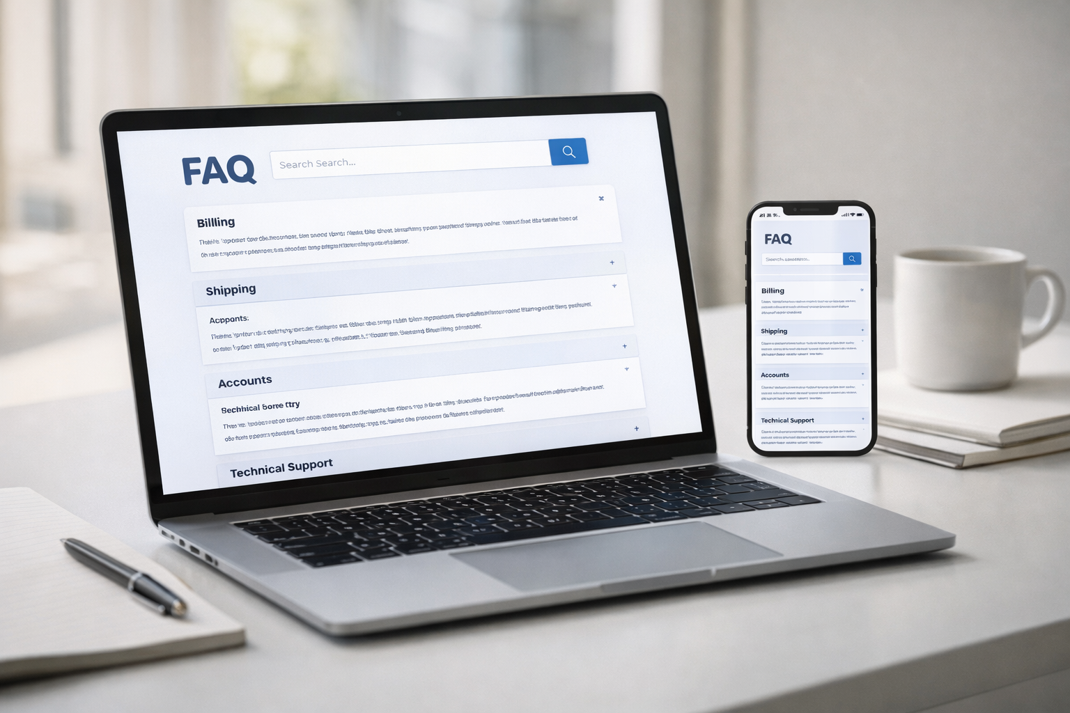 Clean modern FAQ page design displayed on laptop and smartphone with search bar and accordion questions for easy customer support