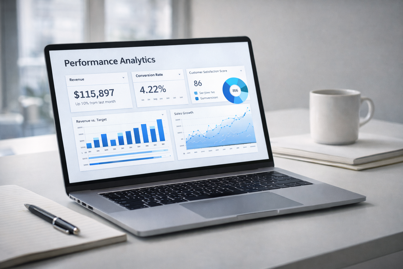 Laptop displaying performance analytics dashboard with KPIs like revenue, conversion rate, and growth charts in a professional workspace