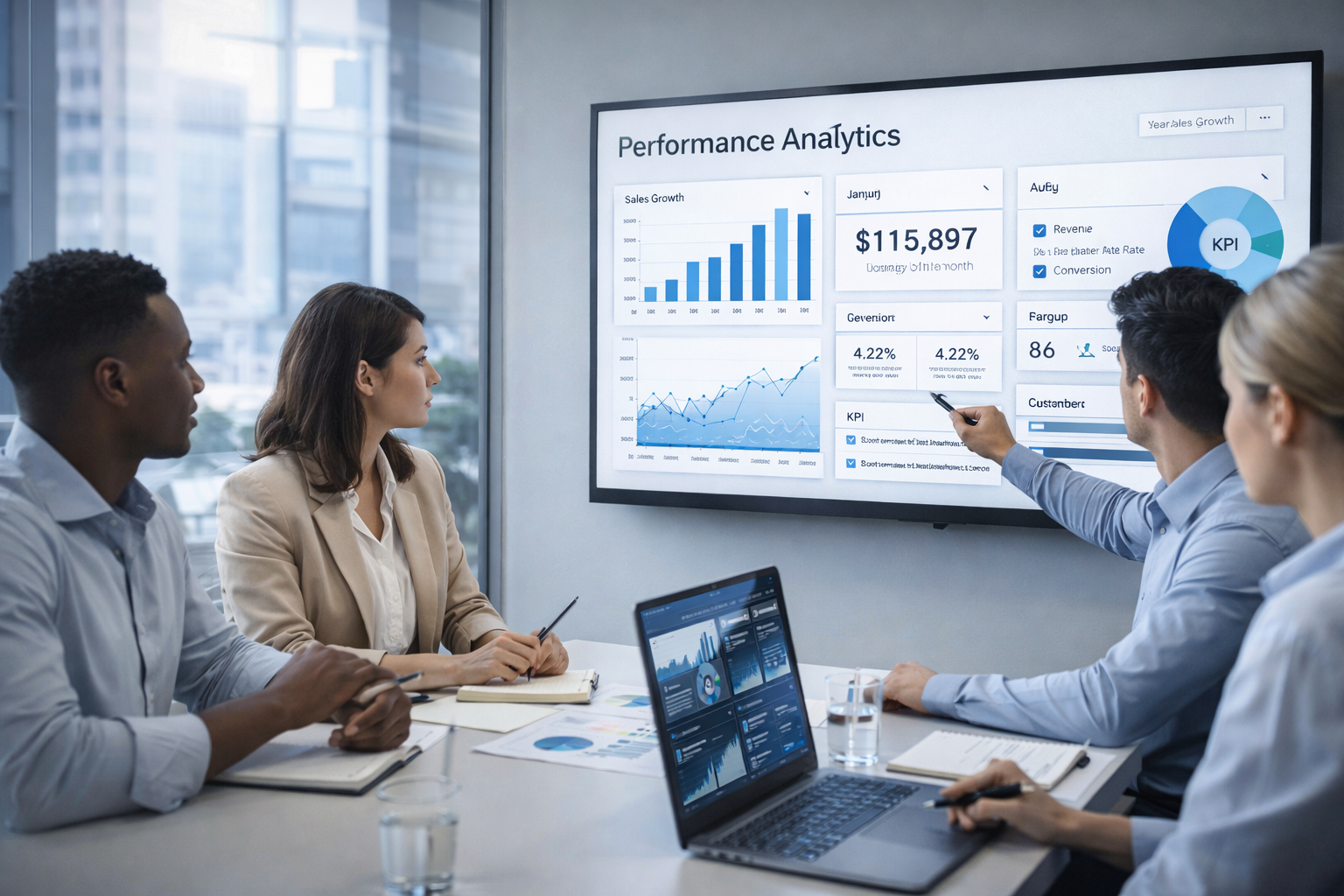 Small business team discussing performance analytics with KPI dashboards and sales growth charts in a modern office meeting