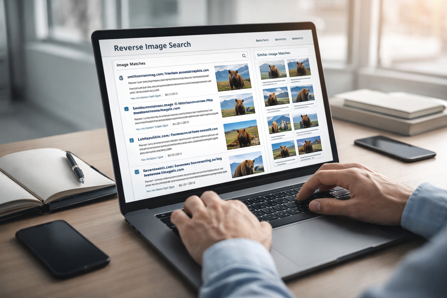 Researcher performing a reverse image search on a laptop, showing image matches, source websites, and similar images on screen in a clean, modern workspace.