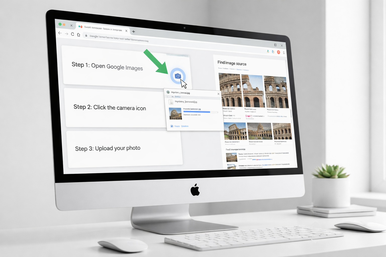 Step-by-step reverse image search tutorial showing Google Images camera icon used to upload a photo and find image sources online