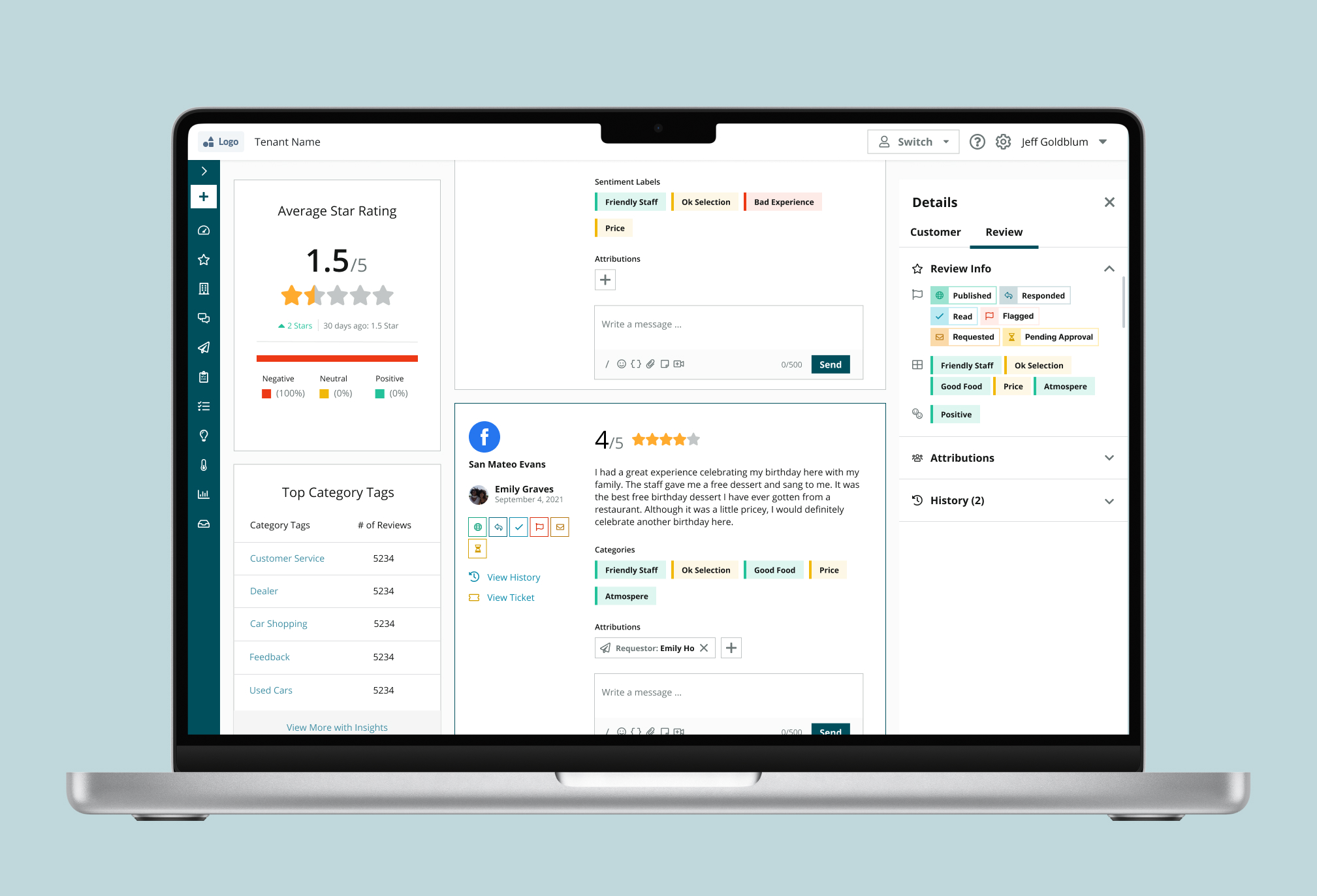 Managing online reviews and customer ratings dashboard